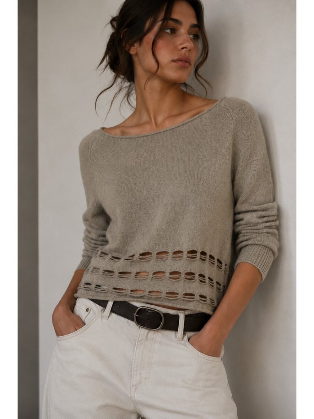 Qi Cashmere Sweater Women S Taupe 100% Cashmere Openwork Cutout Pullover